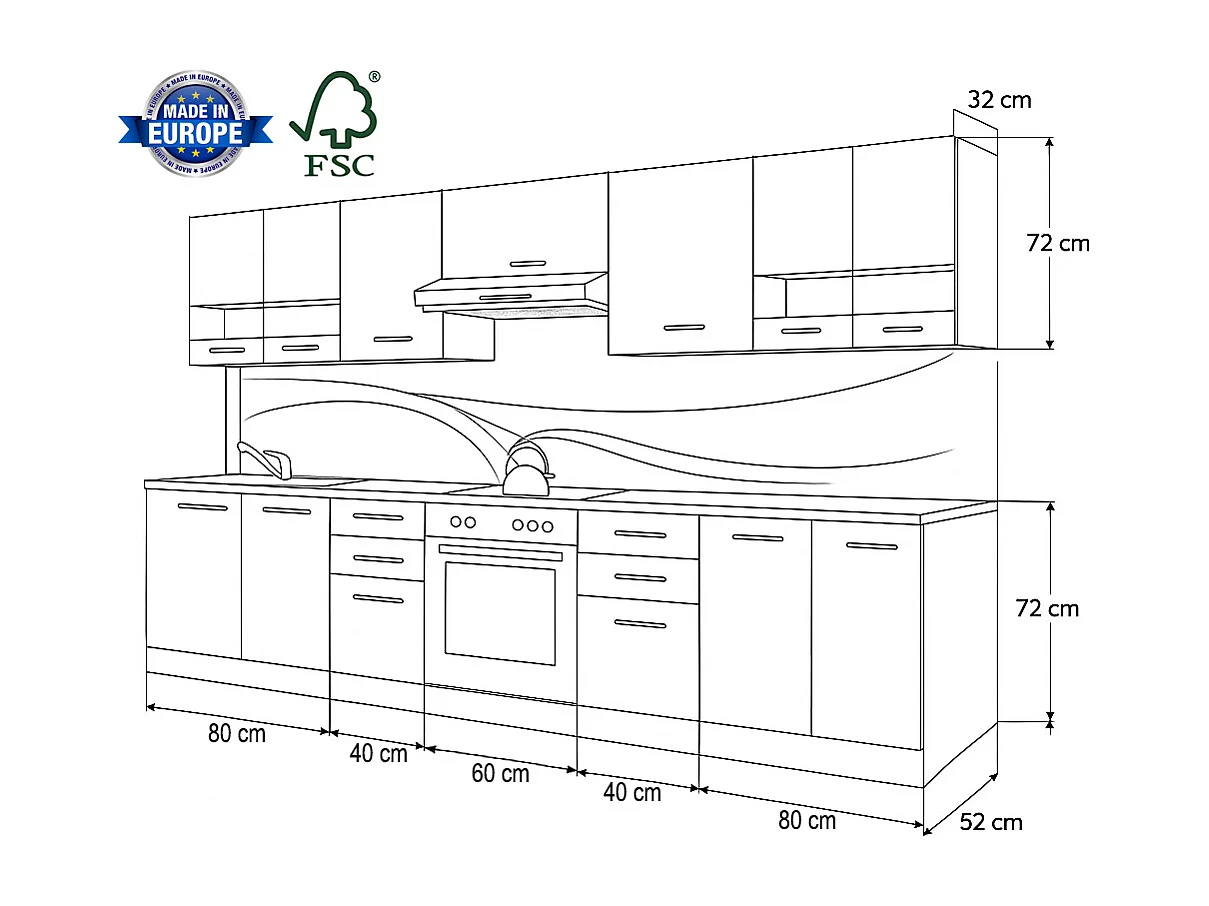 Cuisine complète MAYA bois et blanc laqué 10 éléments avec encastrement four - 300 cm
