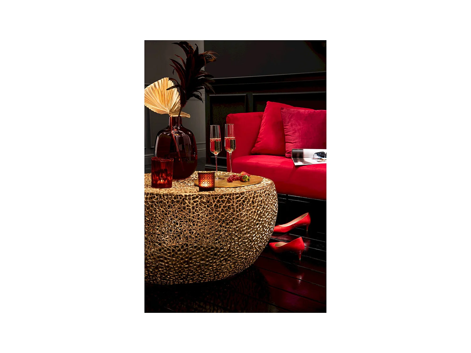 Table basse ronde corail doré en aluminium élégant salon