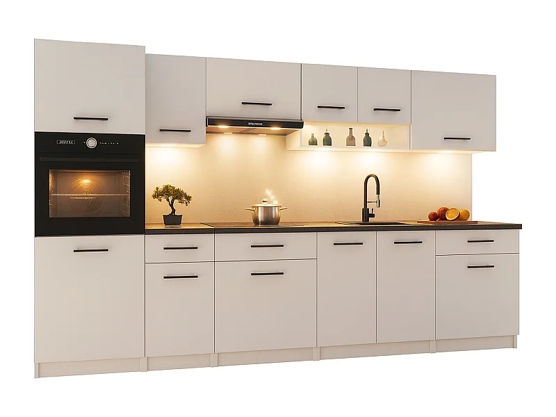 Cuisine complète VIKI BLANC MAT 300 cm avec colonne four 9 éléments 18 mm