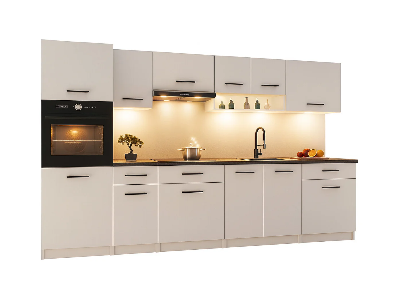 Cuisine complète VIKI BLANC MAT 300 cm avec colonne four 9 éléments 18 mm