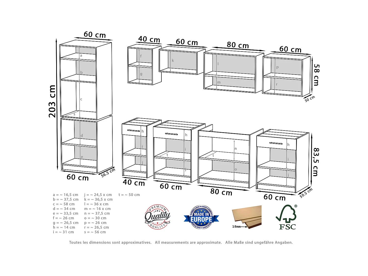 Cuisine complète VIKI BLANC MAT 300 cm avec colonne four 9 éléments 18 mm