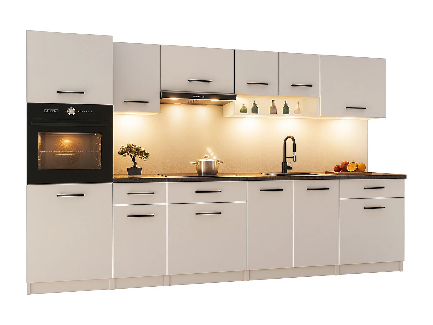 Cuisine complète VIKI BLANC MAT 300 cm avec colonne four 9 éléments 18 mm