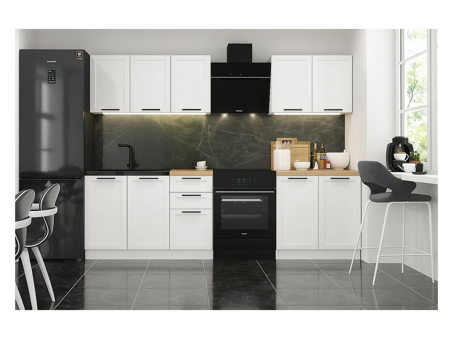 Cuisine complète Quadro blanc 6 éléments avec façades à cadre - 200 cm