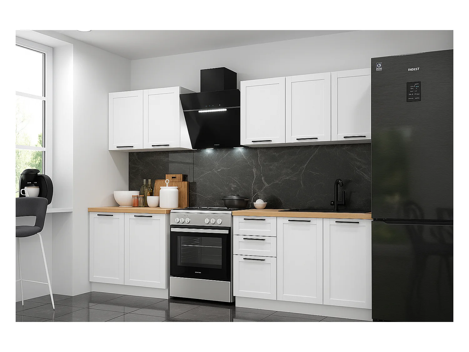 Cuisine complète Quadro blanc 6 éléments avec façades à cadre - 200 cm