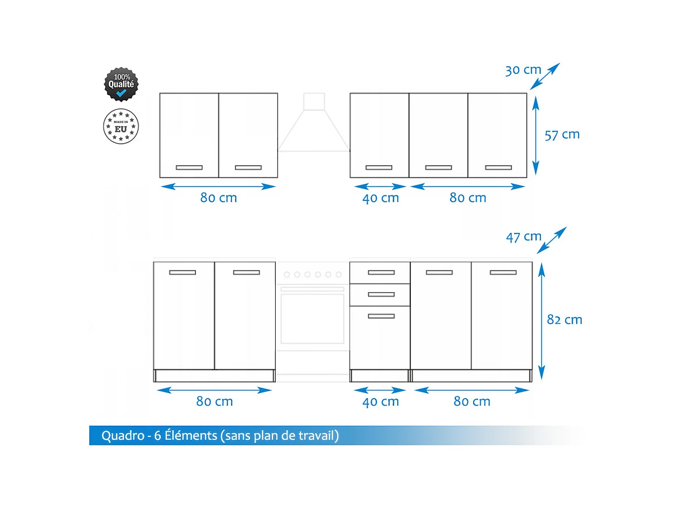 Cuisine complète Quadro blanc 6 éléments avec façades à cadre - 200 cm