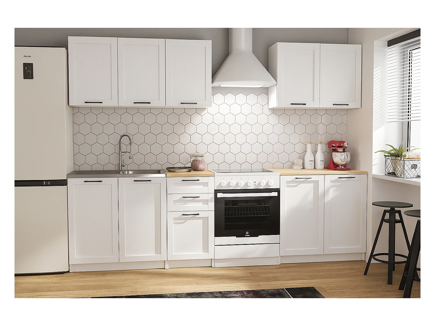 Cuisine complète Quadro blanc 6 éléments avec façades à cadre - 200 cm