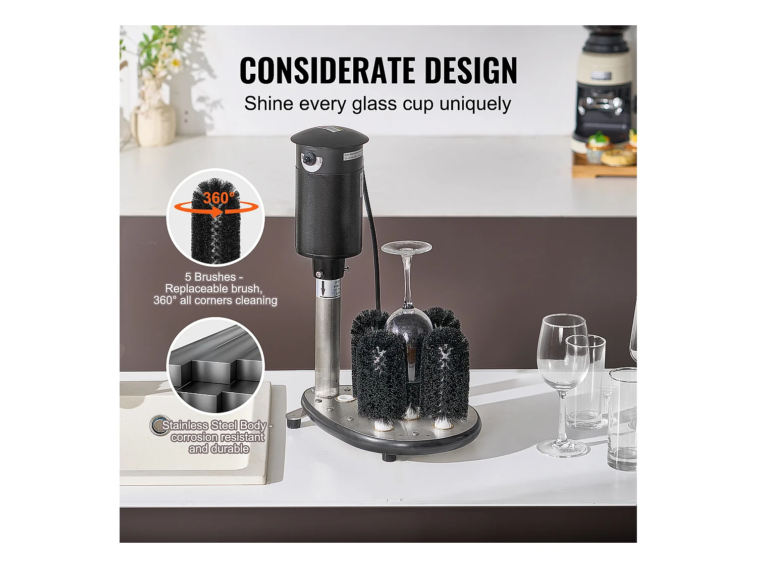 Elektrische Glazenwasser SucceBuy, 5 Borstels, 1200 Kopjes/uur, voor Verschiedene Glazen