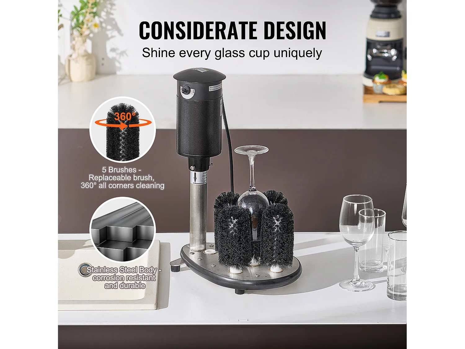 Lave-verres Électrique SucceBuy, 5 Brosses, 1200 Tasses/h, pour Différents Verres