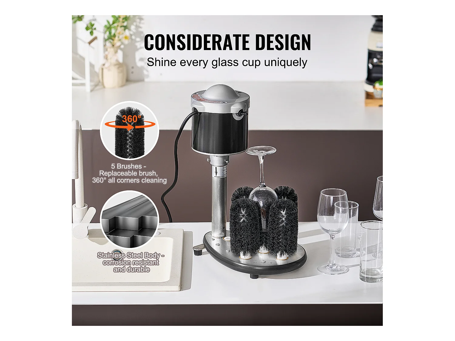 Lave-verres Électrique SucceBuy, 5 Brosses, 600 Tasses/h, pour Différents Verres