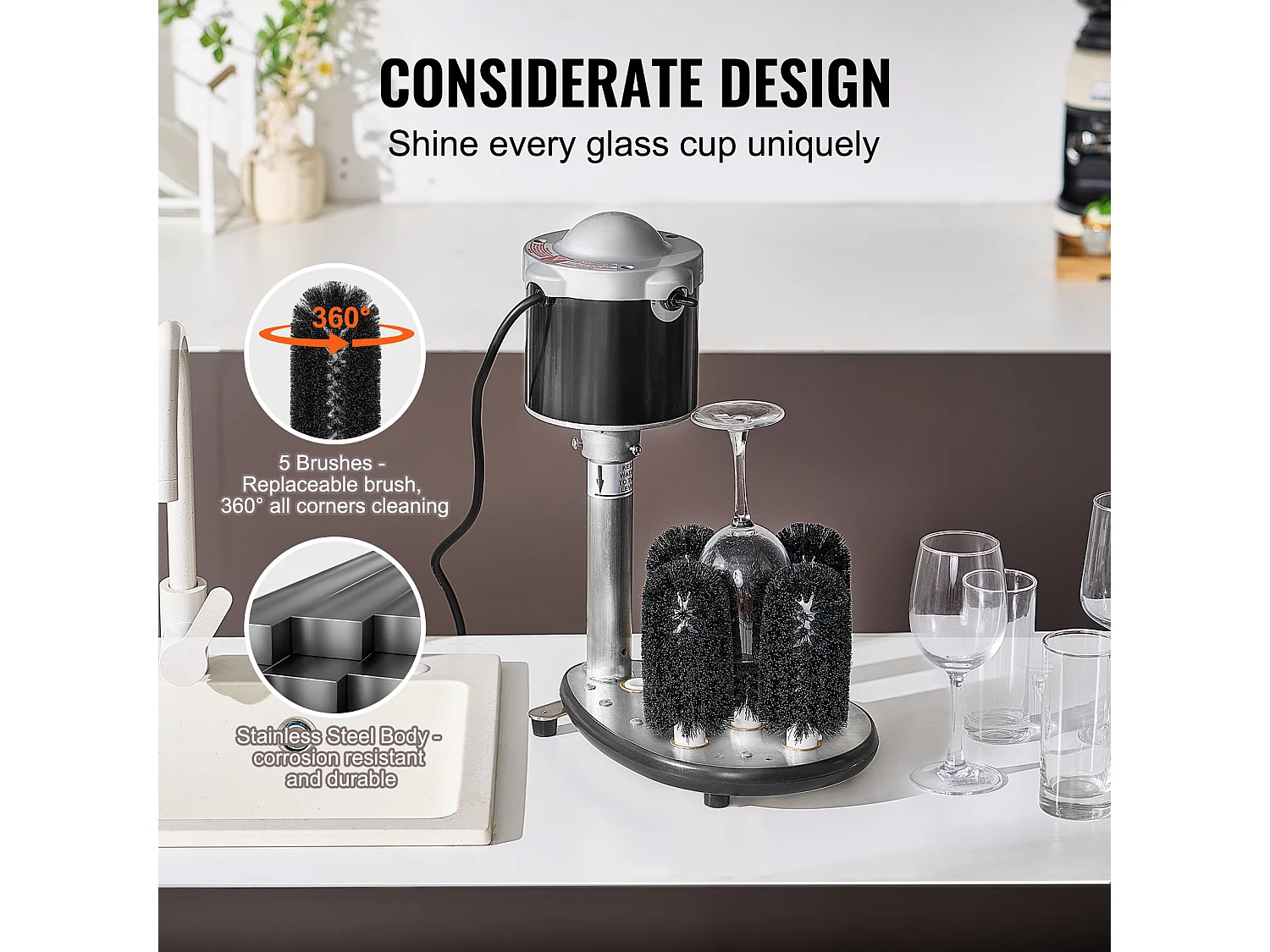 Lave-verres Électrique SucceBuy, 5 Brosses, 600 Tasses/h, pour Différents Verres