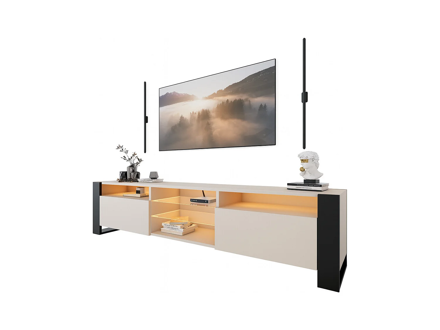 Meuble TV LOVY Cachemire Beige Gris 200 CM LED RGB - Style Glamour Industriel