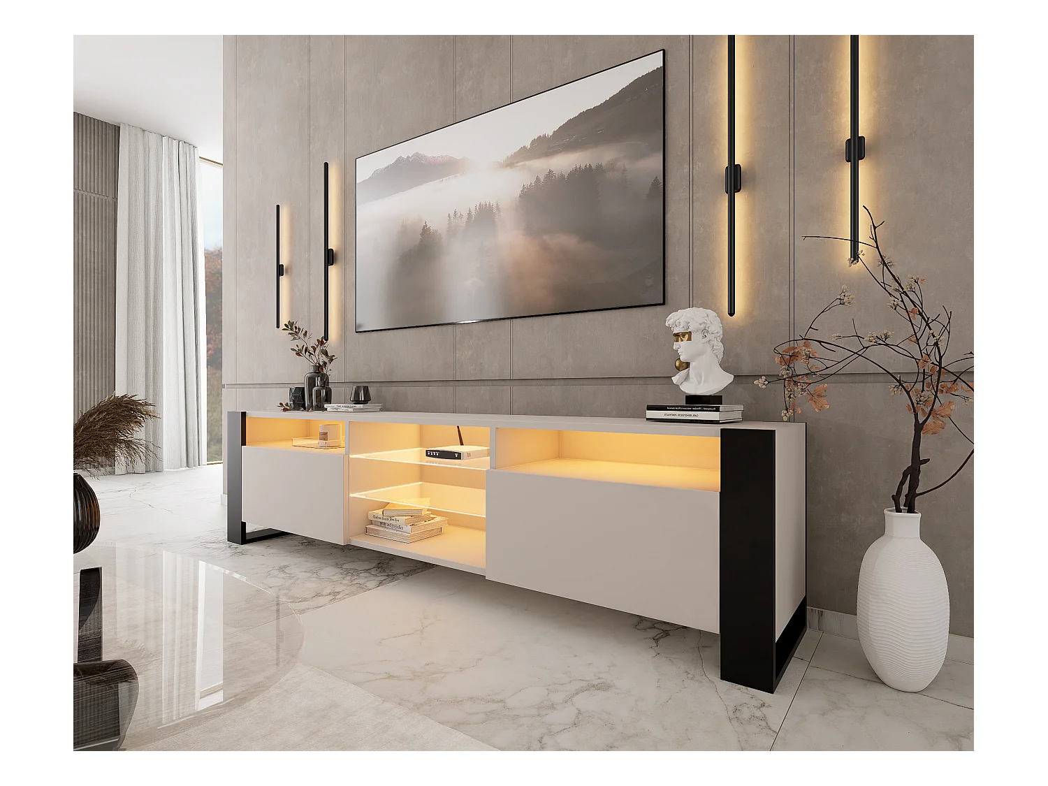 Meuble TV LOVY Cachemire Beige Gris 200 CM LED RGB - Style Glamour Industriel