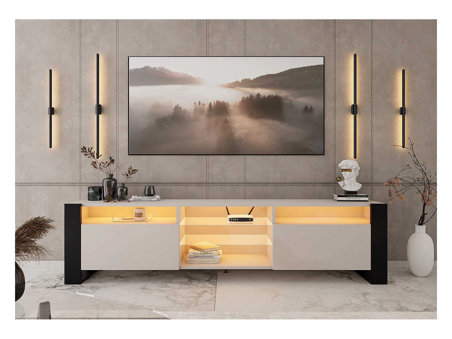 Meuble TV LOVY Cachemire Beige Gris 200 CM LED RGB - Style Glamour Industriel