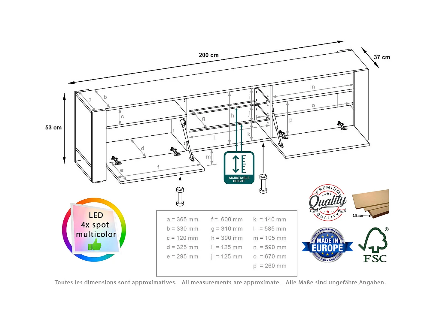Meuble TV LOVY Cachemire Beige Gris 200 CM LED RGB - Style Glamour Industriel