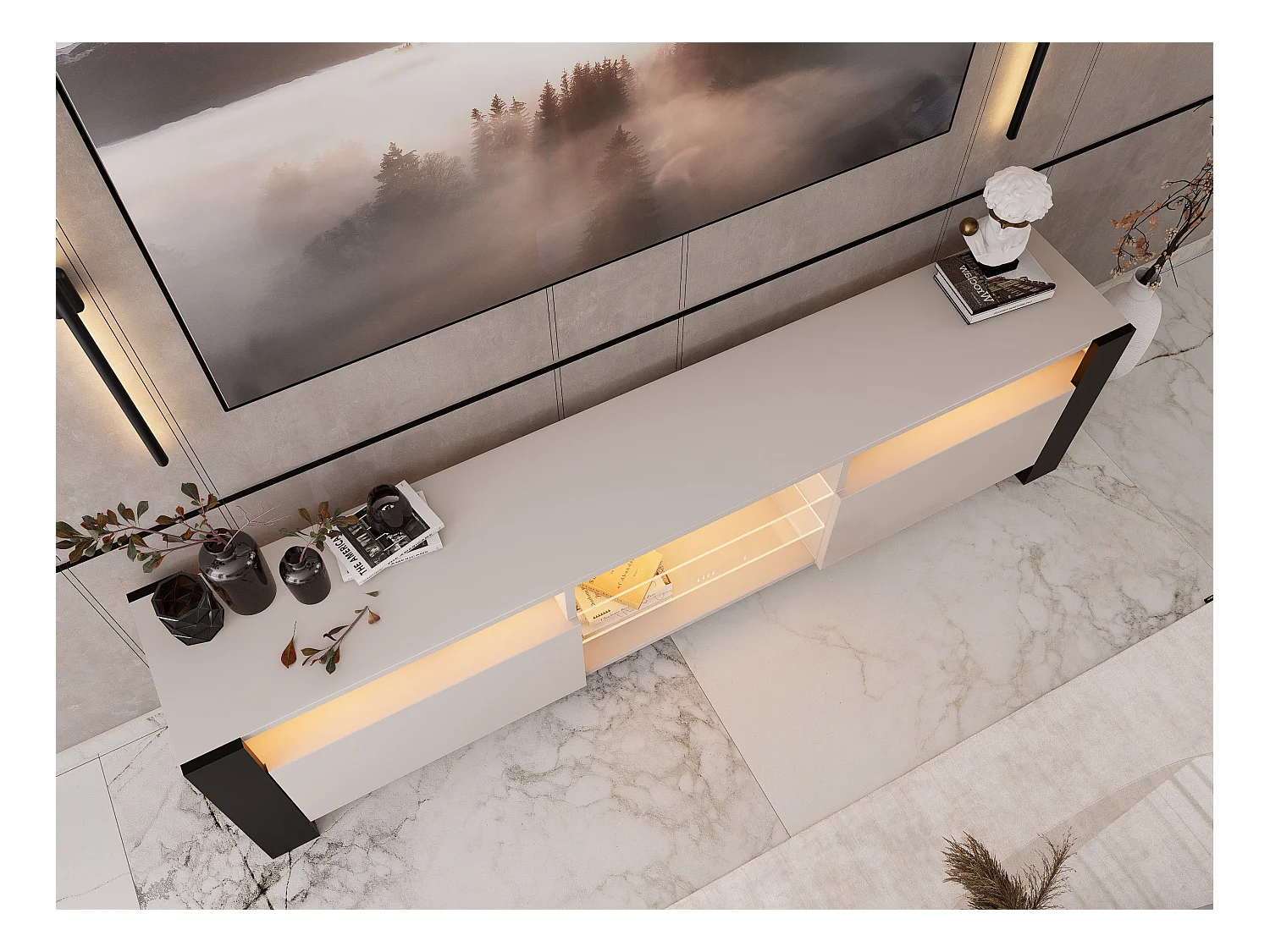 Meuble TV LOVY Cachemire Beige Gris 200 CM LED RGB - Style Glamour Industriel