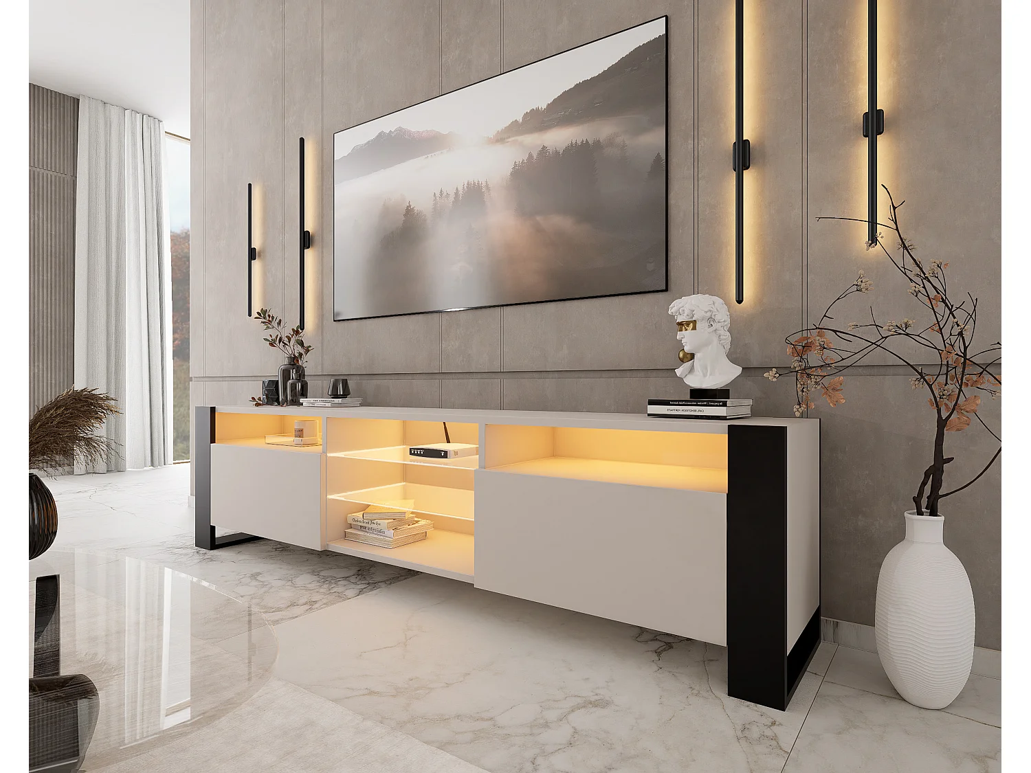 Meuble TV LOVY Cachemire Beige Gris 200 CM LED RGB - Style Glamour Industriel