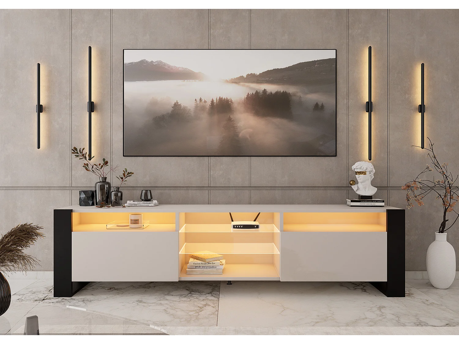 Meuble TV LOVY Cachemire Beige Gris 200 CM LED RGB - Style Glamour Industriel