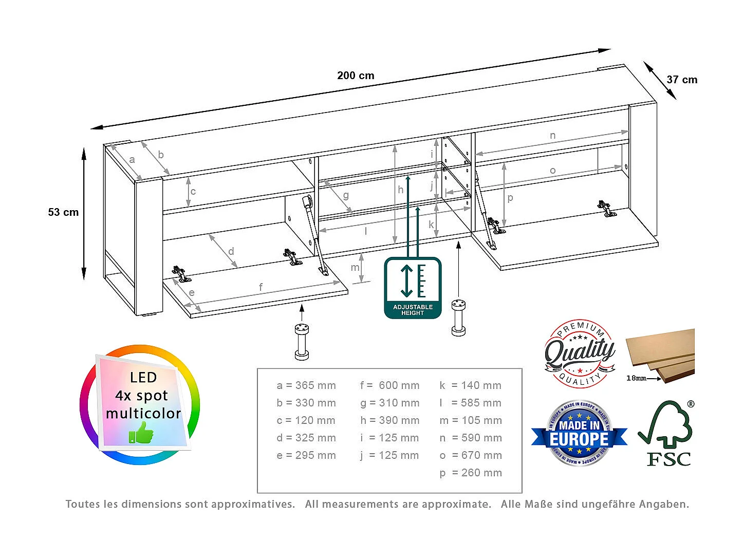 Meuble TV LOVY Cachemire Beige Gris 200 CM LED RGB - Style Glamour Industriel
