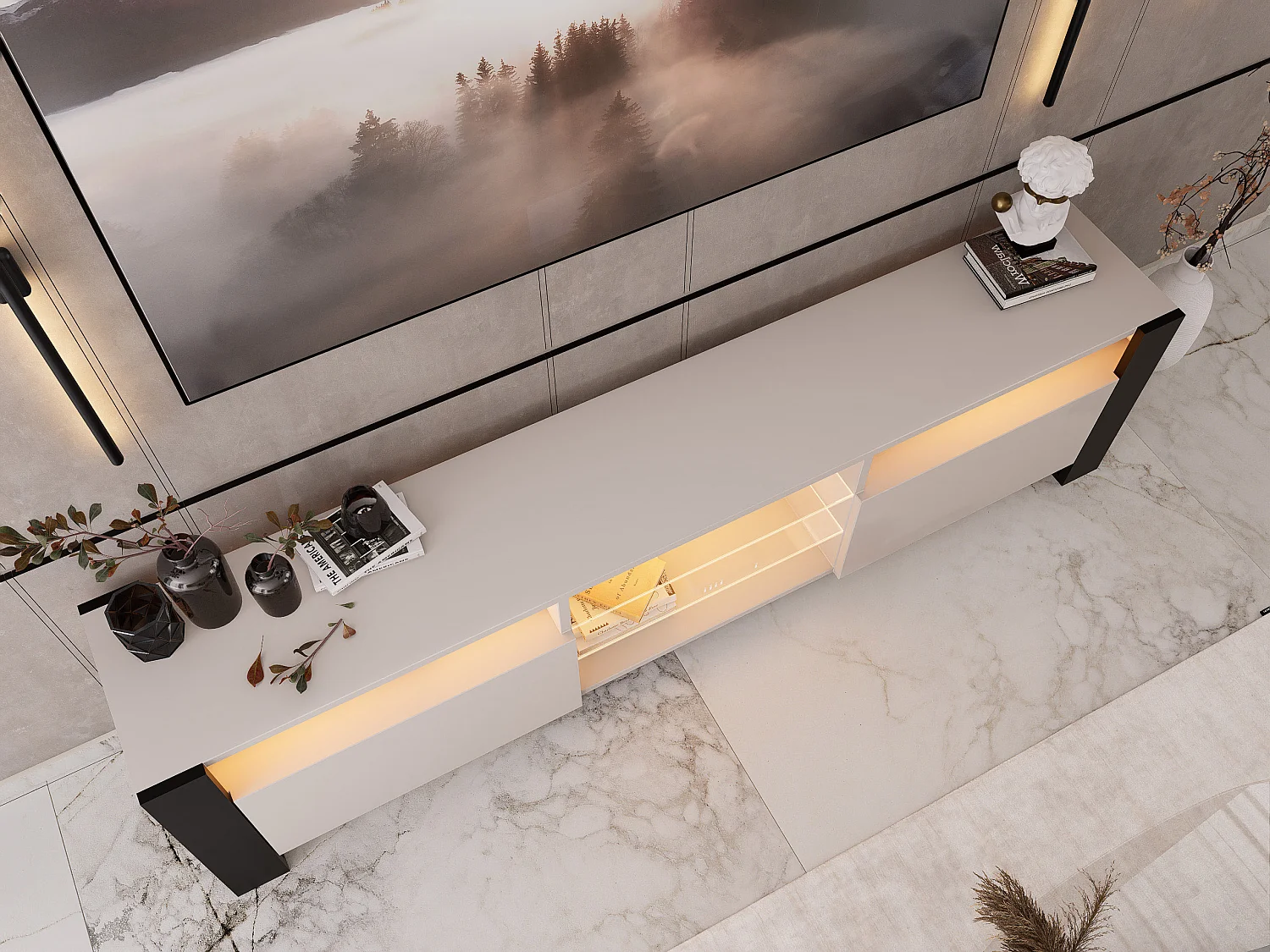 Meuble TV LOVY Cachemire Beige Gris 200 CM LED RGB - Style Glamour Industriel