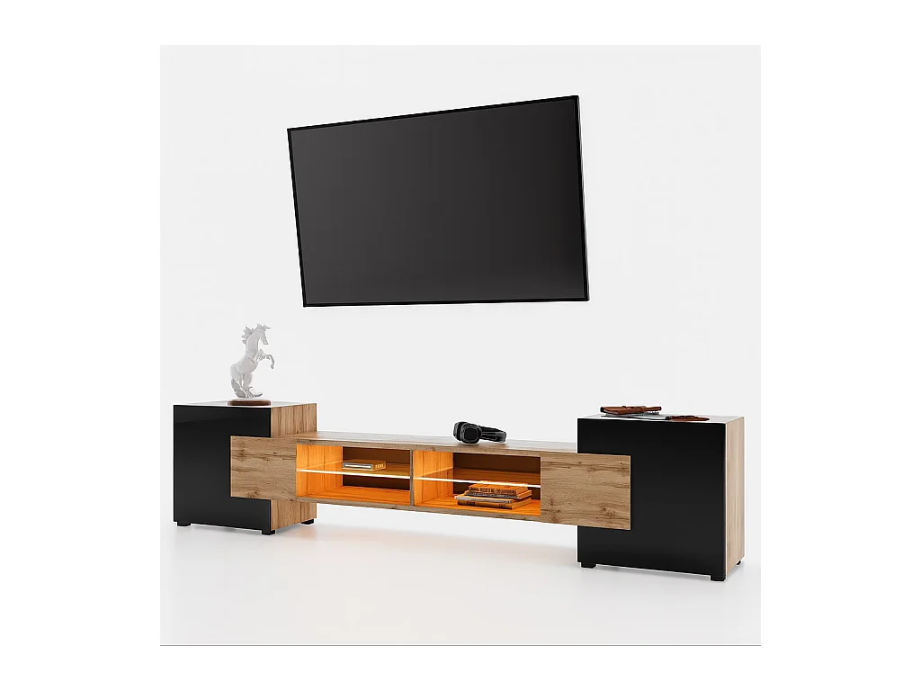 Meuble TV PABLO 230 cm Bois Chêne et Noir Mat avec LED RGB