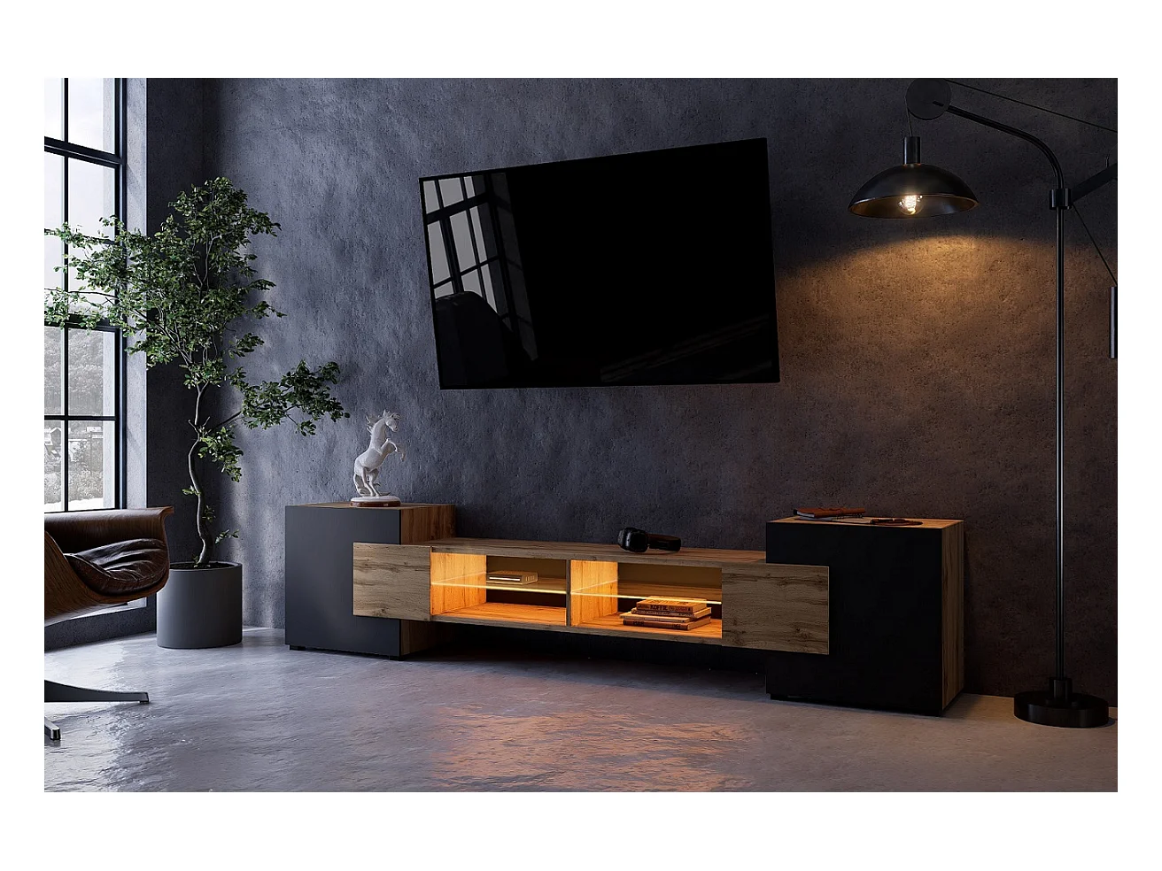 Meuble TV PABLO 230 cm Bois Chêne et Noir Mat avec LED RGB