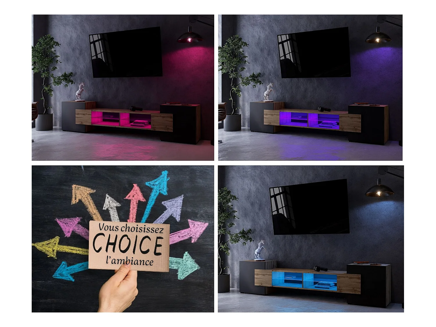 Meuble TV PABLO 230 cm Bois Chêne et Noir Mat avec LED RGB