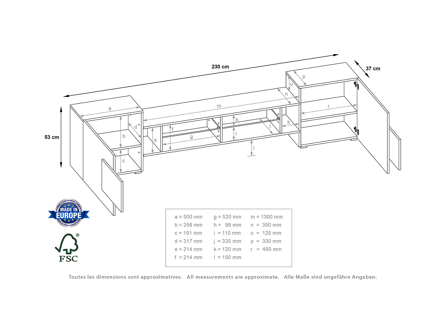 Meuble TV PABLO 230 cm Bois Chêne et Noir Mat avec LED RGB