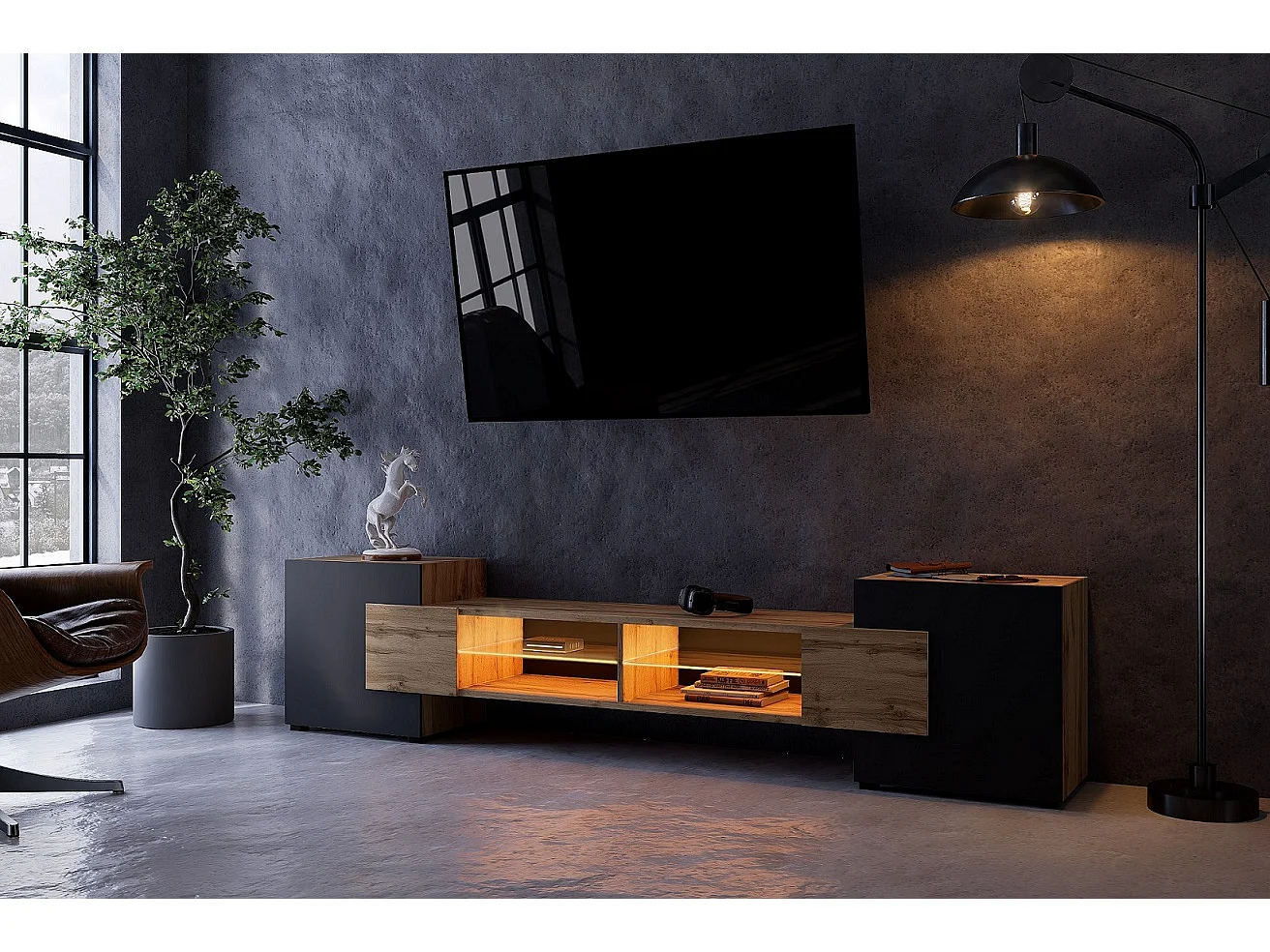 Meuble TV PABLO 230 cm Bois Chêne et Noir Mat avec LED RGB