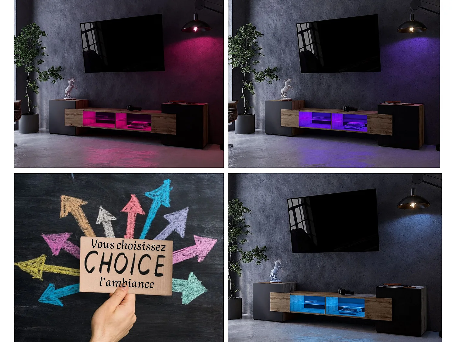 Meuble TV PABLO 230 cm Bois Chêne et Noir Mat avec LED RGB