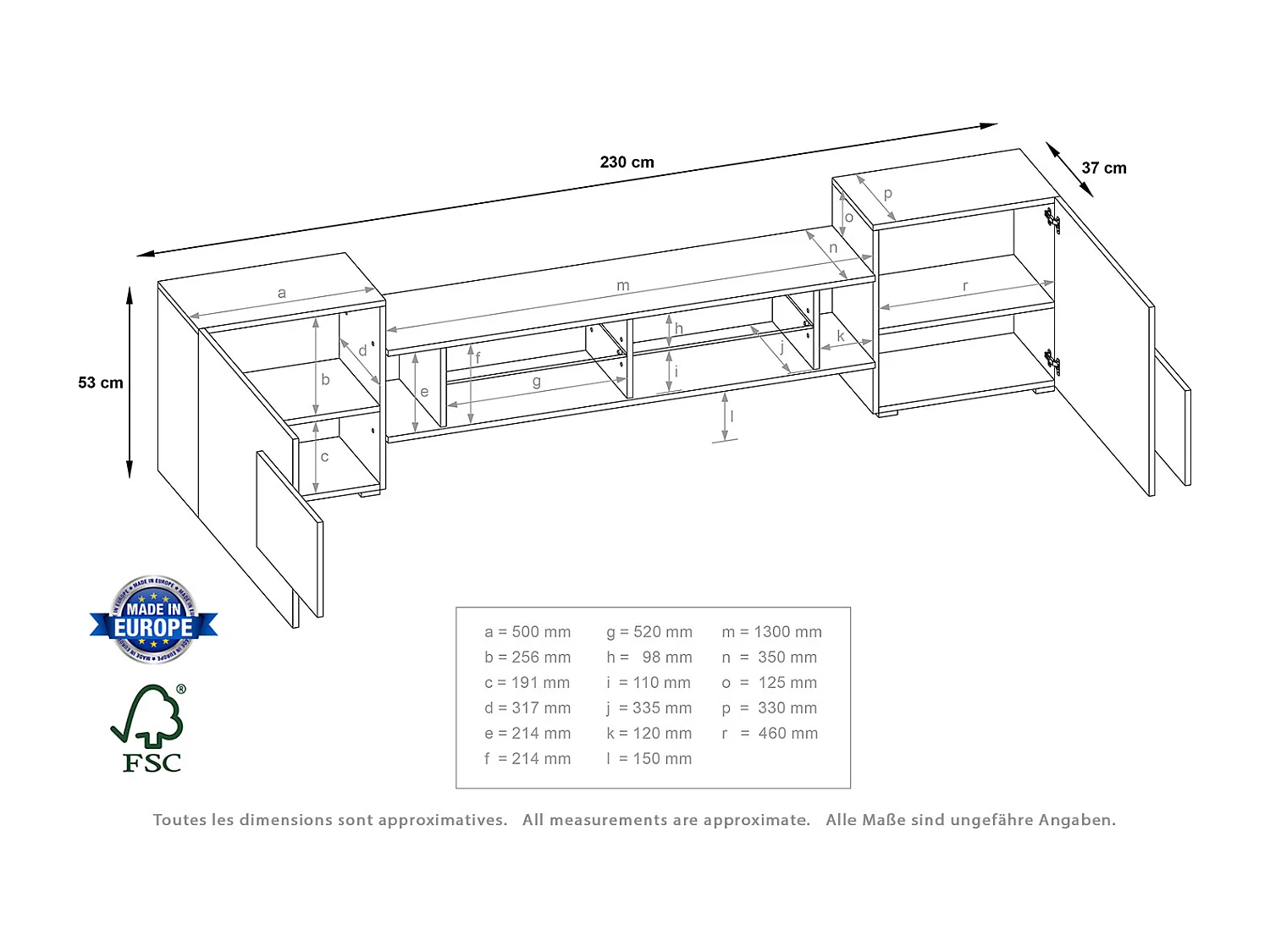 Meuble TV PABLO 230 cm Bois Chêne et Noir Mat avec LED RGB