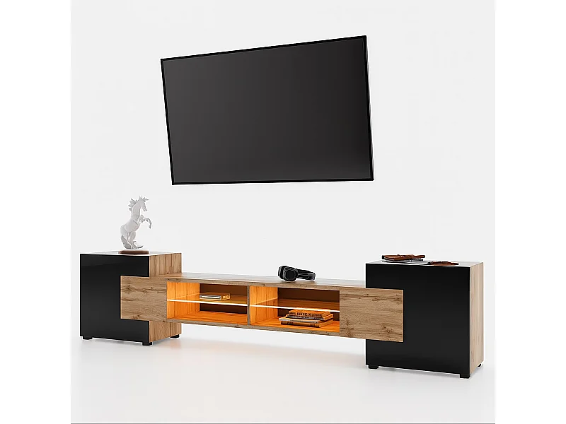 Meuble TV PABLO 230 cm Bois Chêne et Noir Mat avec LED RGB