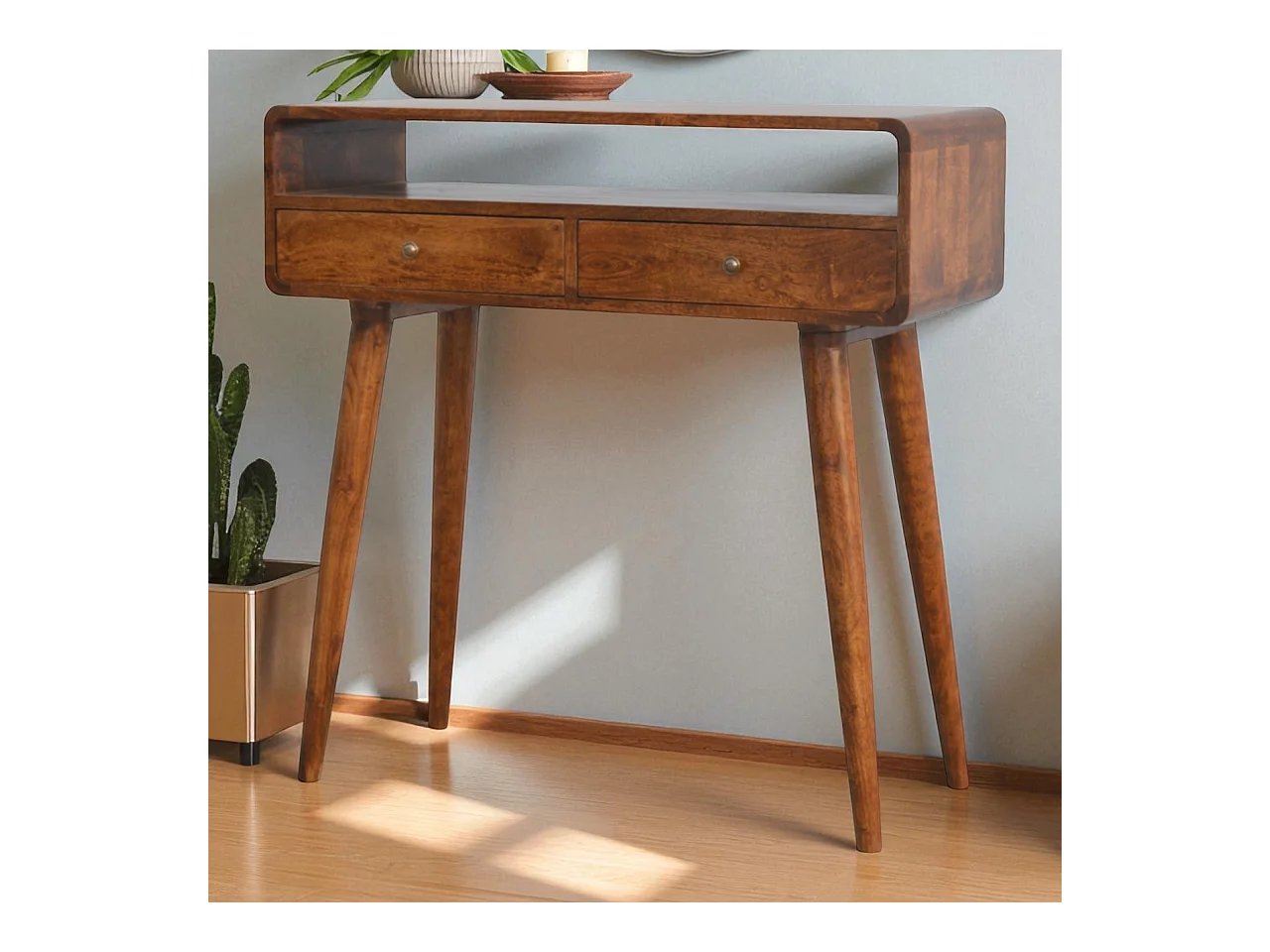 Artisan Furniture Console Courbée en Châtaignier, 2 Tiroirs et Niche Ouverte, Brun Foncé