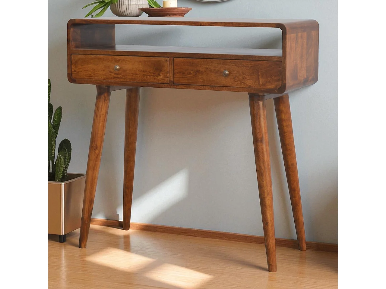 Artisan Furniture Geschwungener Konsolentisch aus Kastanie, 2 Schubladen und Offenes Fach, Dunkelbraun