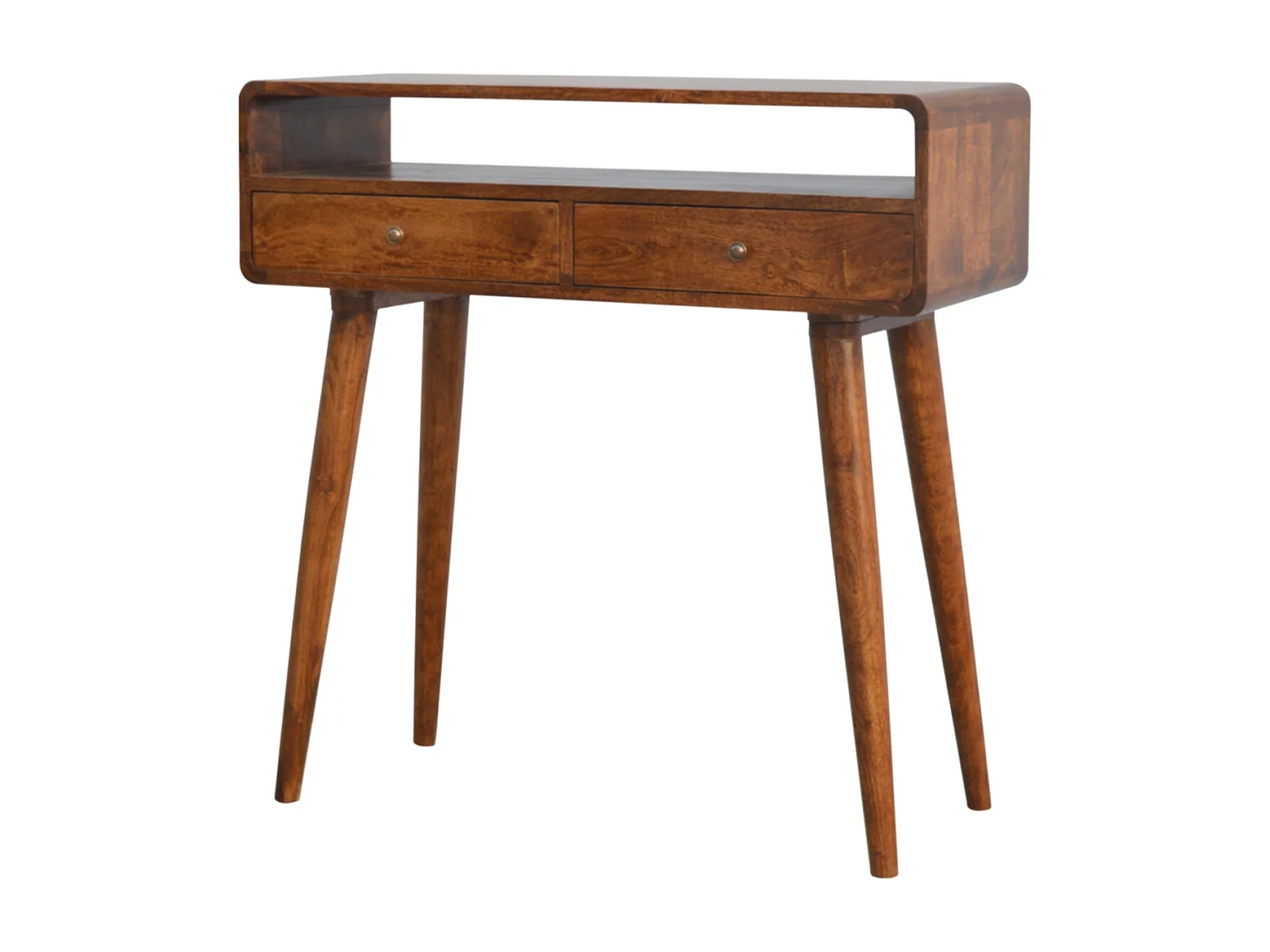 Artisan Furniture Geschwungener Konsolentisch aus Kastanie, 2 Schubladen und Offenes Fach, Dunkelbraun
