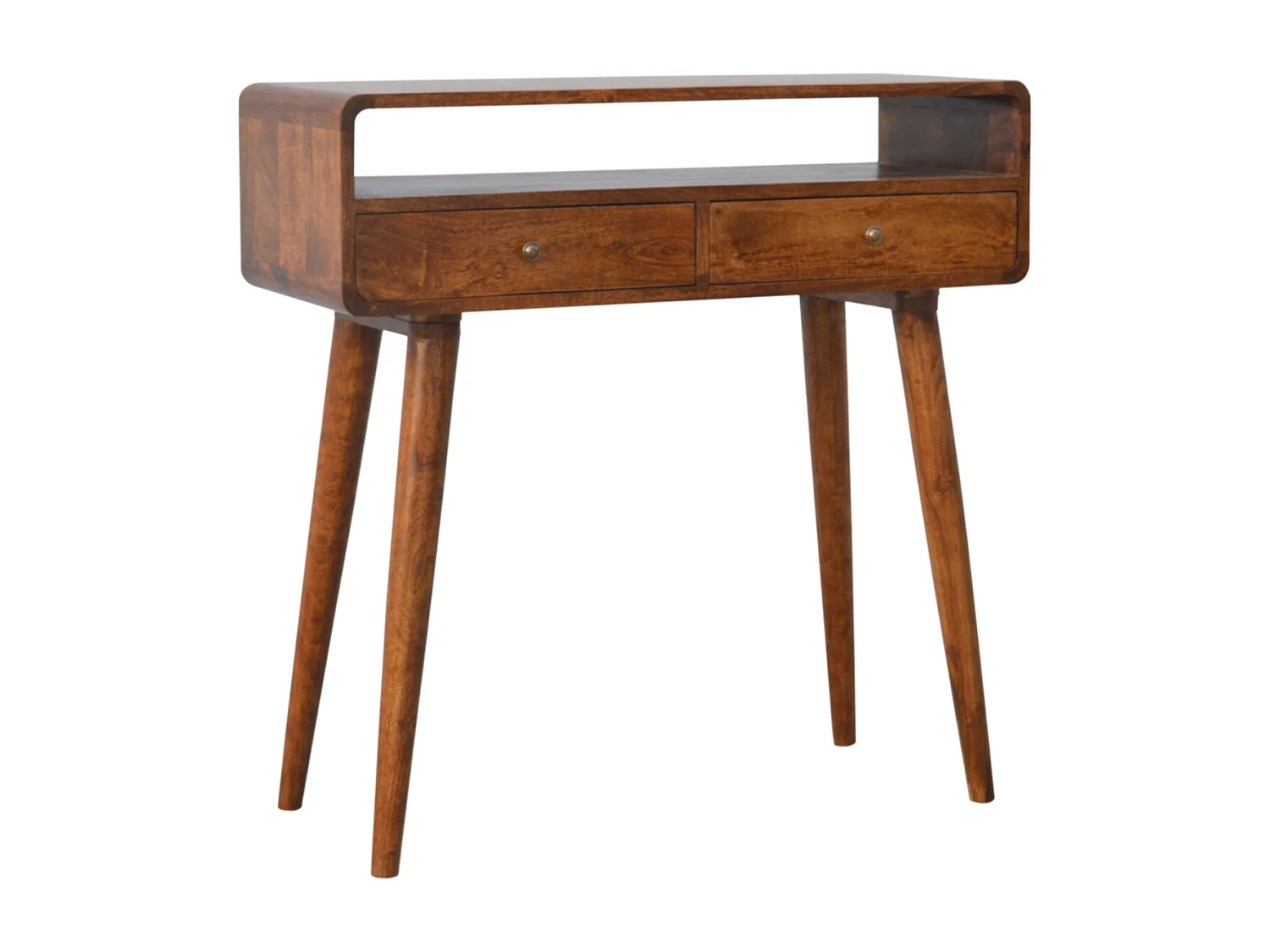 Artisan Furniture Geschwungener Konsolentisch aus Kastanie, 2 Schubladen und Offenes Fach, Dunkelbraun