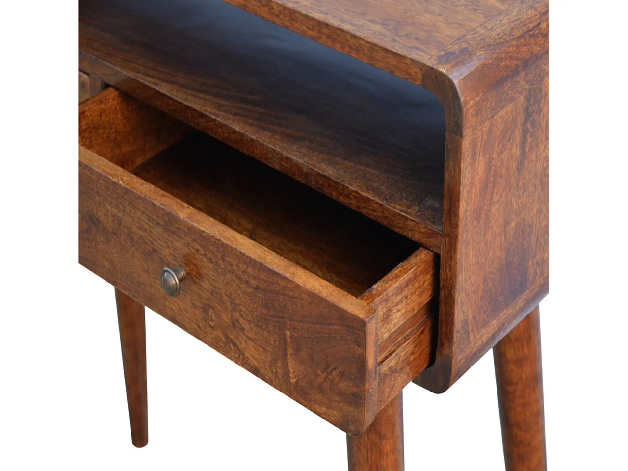 Artisan Furniture Geschwungener Konsolentisch aus Kastanie, 2 Schubladen und Offenes Fach, Dunkelbraun