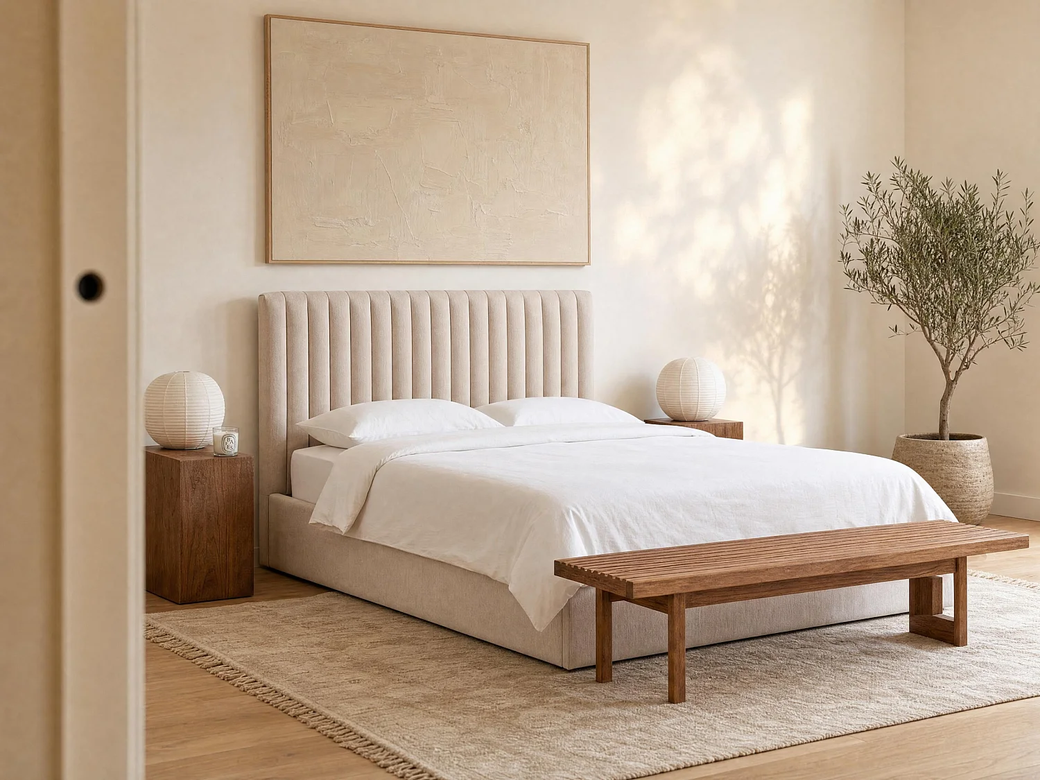 Bed met opbergruimte 180 x 200 cm - Stof - Beige - SARANELI