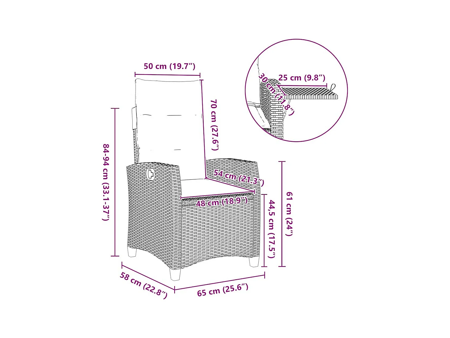 Chaise de jardin inclinable avec table d'appoint noir polyrotin
