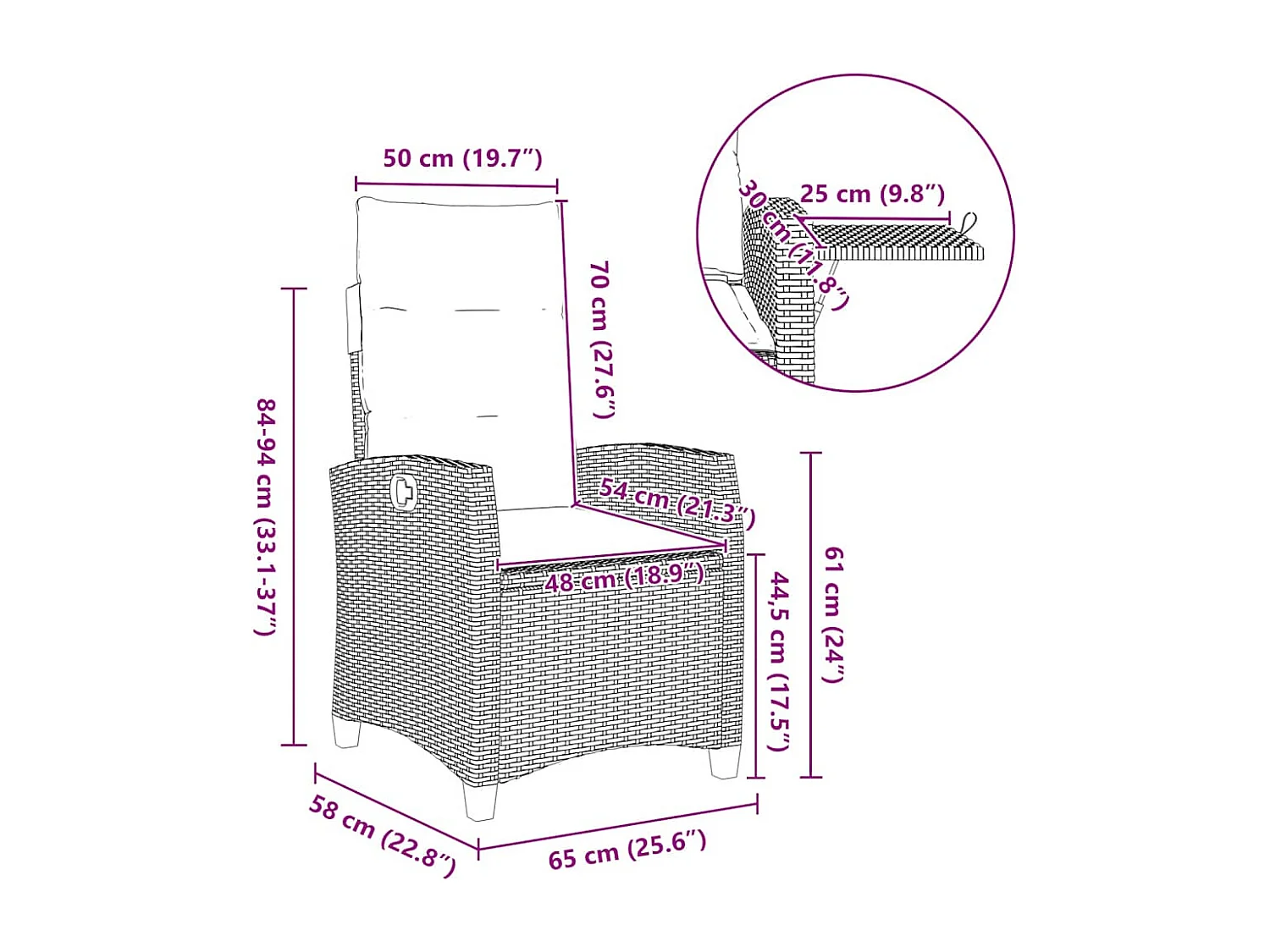 Chaise de jardin inclinable avec table d'appoint noir polyrotin