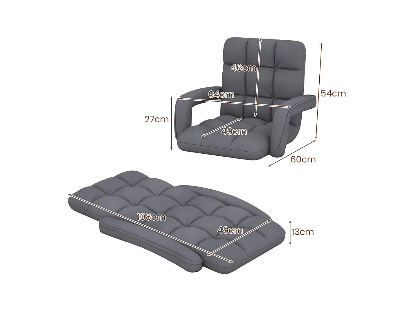 Sedia da gioco da pavimento per adulti con supporto lombare, Poltrona divano regolabile a 6 posizioni con braccioli Grigio