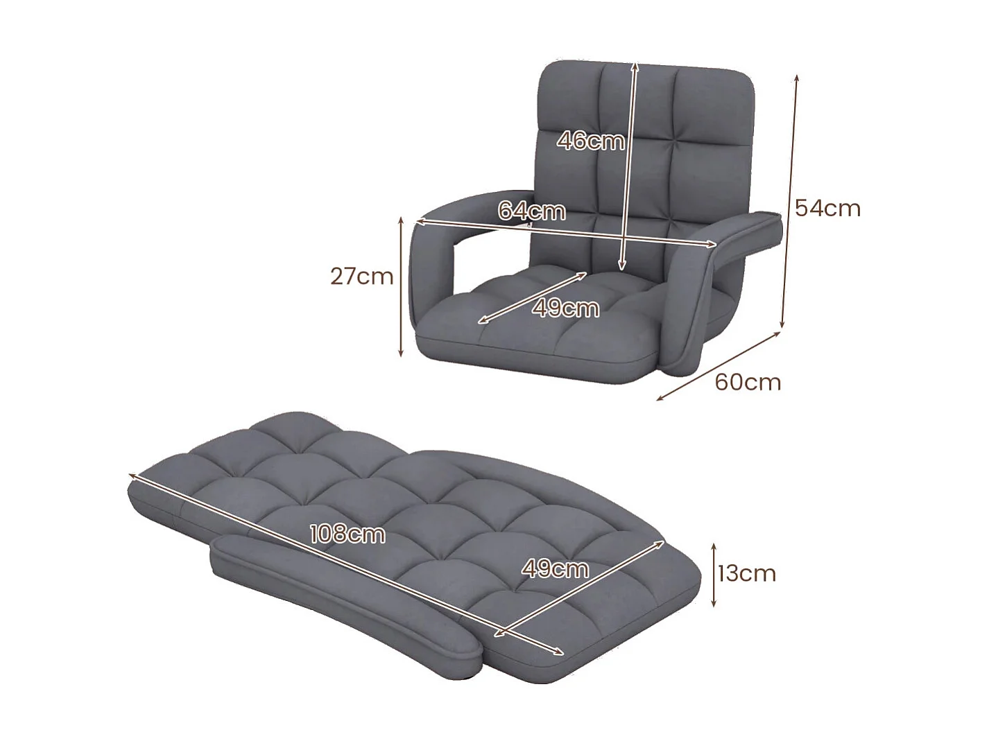 Fauteuil au Sol avec Support Dorsal Fauteuil de Sol Réglable à 6 Positions avec Accoudoirs Position Allongée Gris