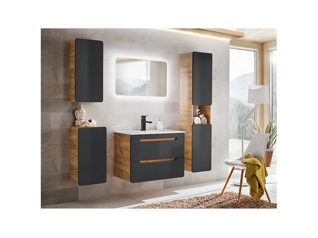 Coluna de banheiro ERBANO – 2 portas – Cores carvalho claro e cinza antracite – A170 cm – Para pendurar