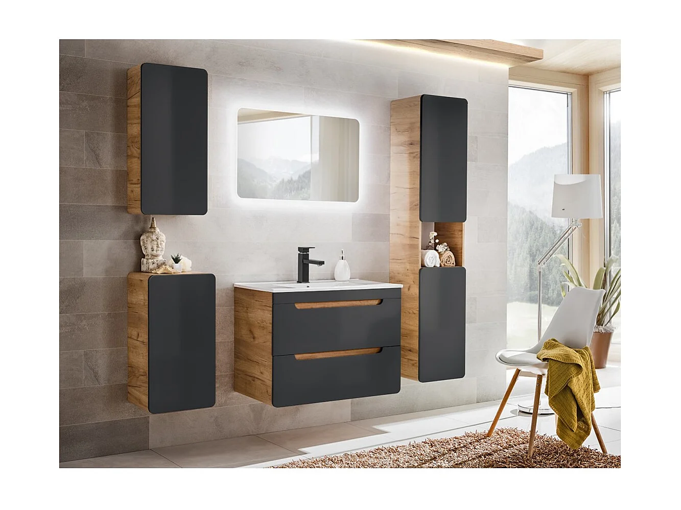 Coluna de banheiro ERBANO – 2 portas – Cores carvalho claro e cinza antracite – A170 cm – Para pendurar