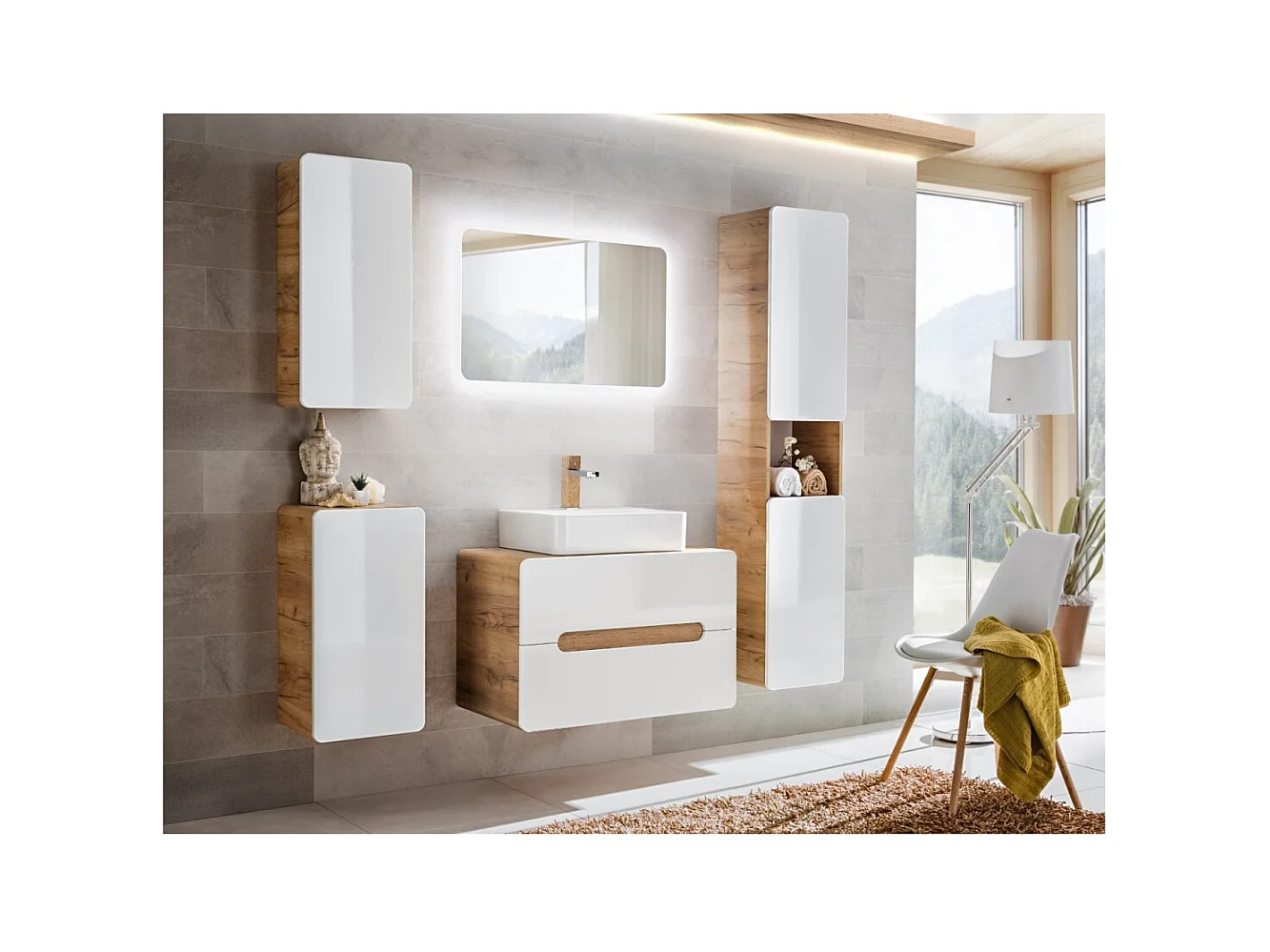 Columna de baño ERBANO – Roble claro y blanco brillante – 35x170 cm – 2 puertas – Para colgar