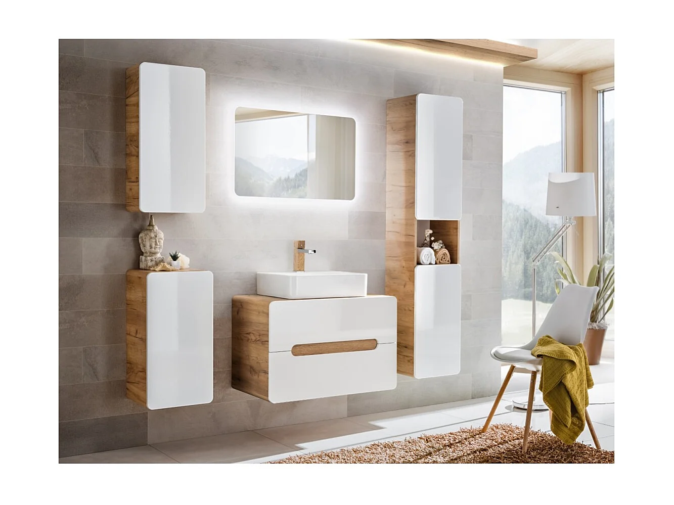 Coluna para banheiro ERBANO - Carvalho claro e branco brilhante - 35x170 cm - 2 portas - Para pendurar