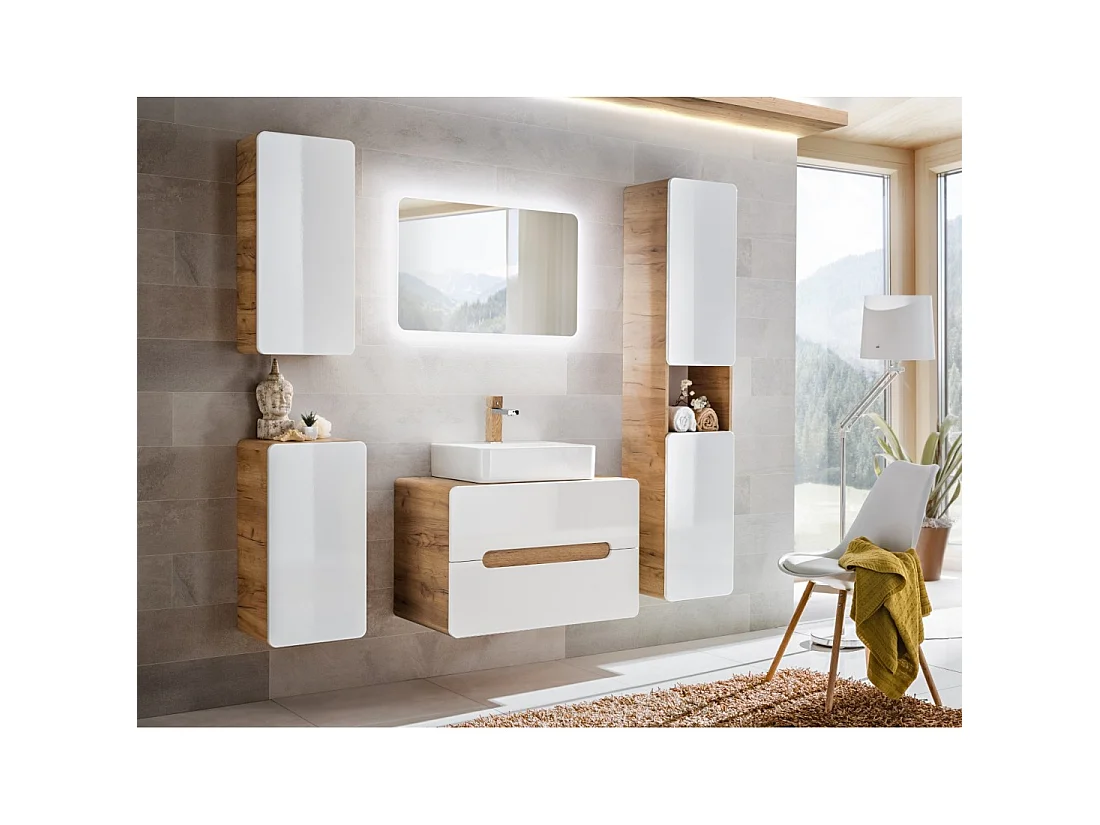 Colonne salle de bain ERBANO – Licht eiken en hoogglans wit – 35x170 cm – 2 deuren – Om op te hangen