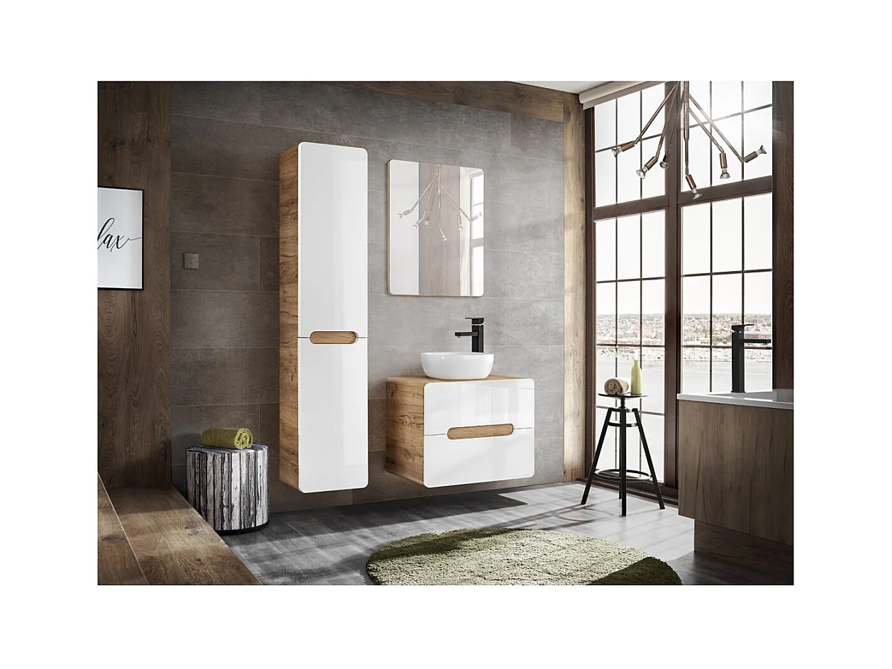 Columna de baño ERBANO – Roble claro y blanco brillante – 35x68 cm – 2 puertas – Para colgar