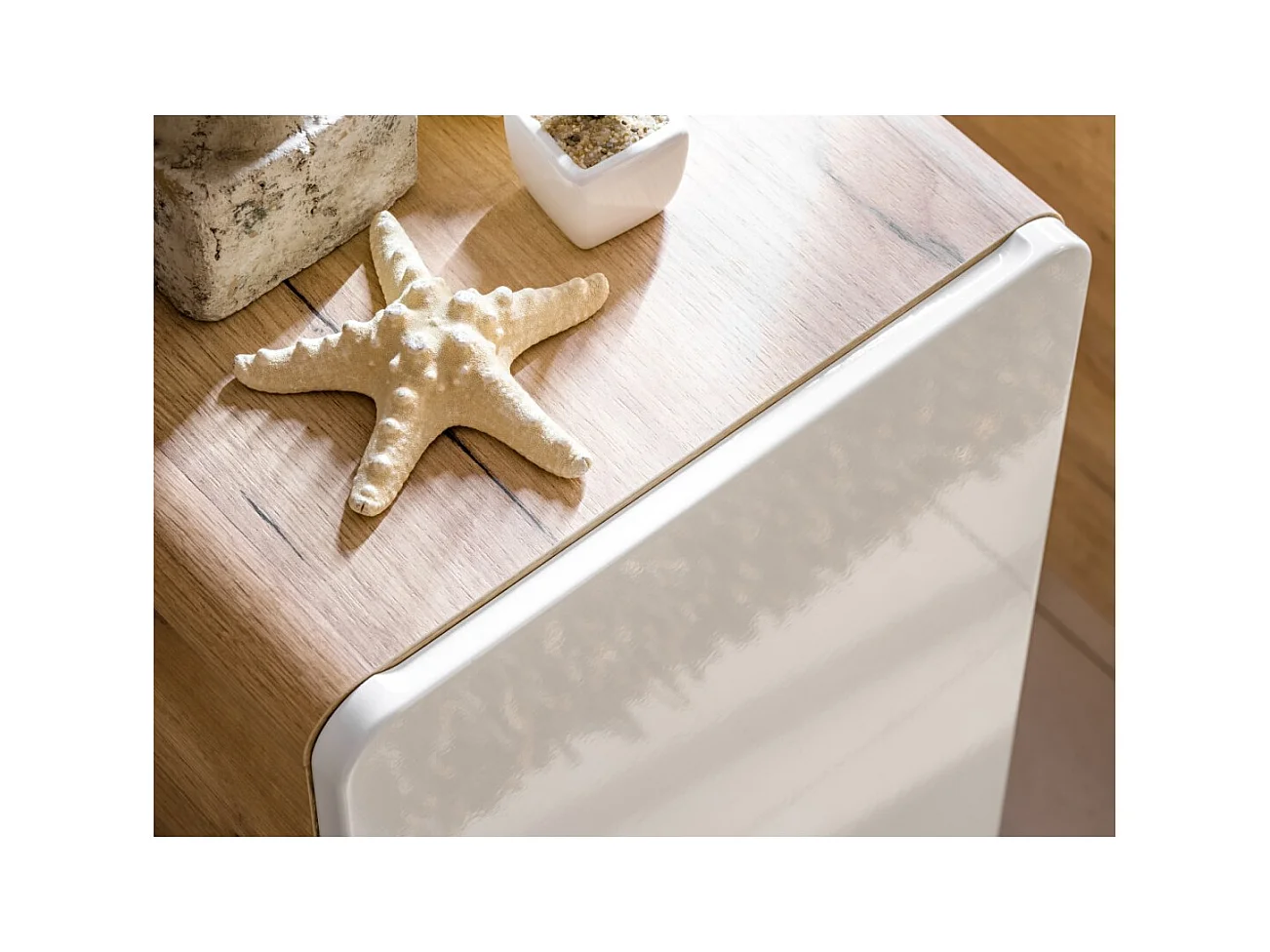 Columna de baño ERBANO – Roble claro y blanco brillante – 35x68 cm – 2 puertas – Para colgar