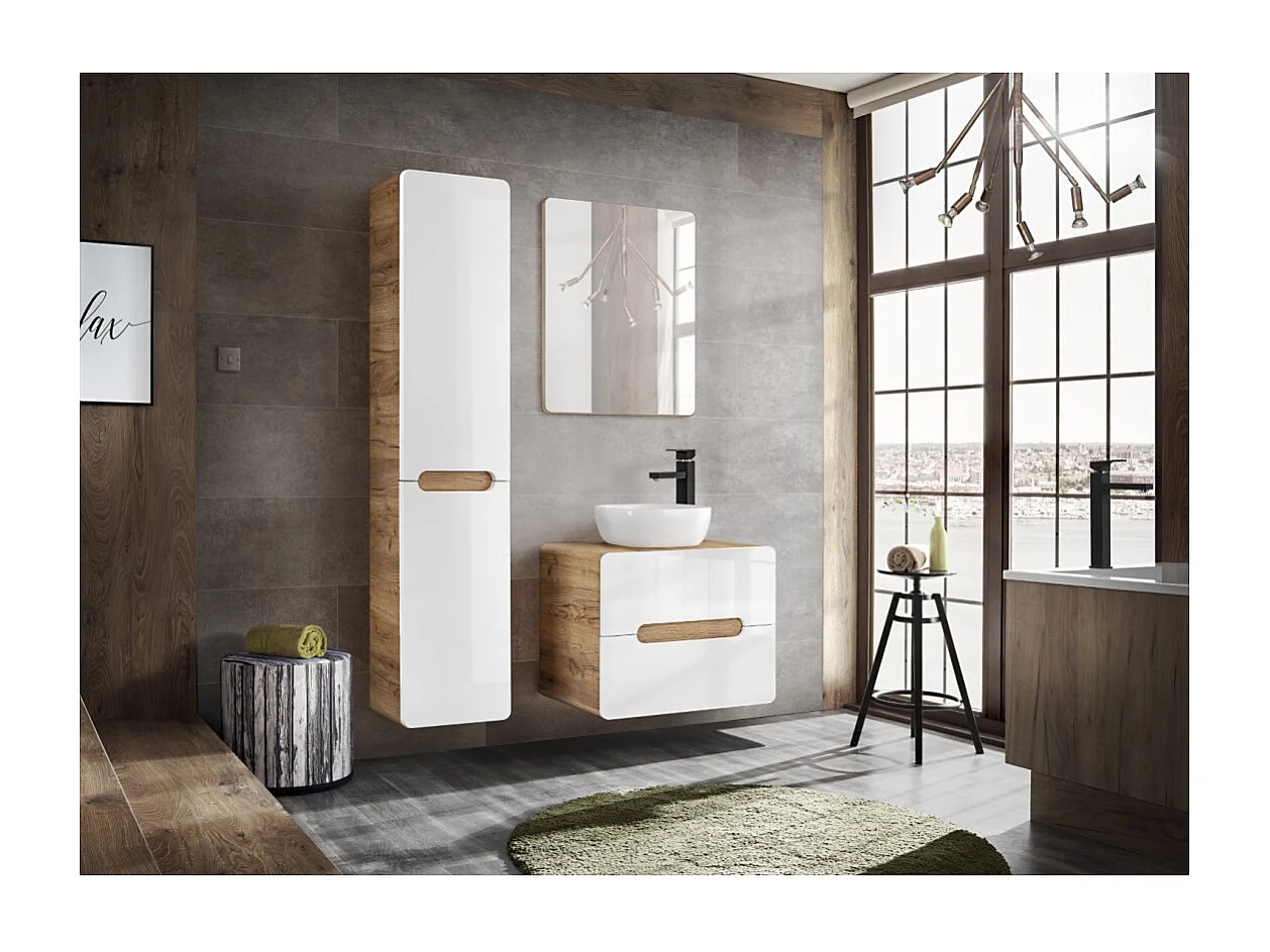 Columna de baño ERBANO – Roble claro y blanco brillante – 35x68 cm – 2 puertas – Para colgar