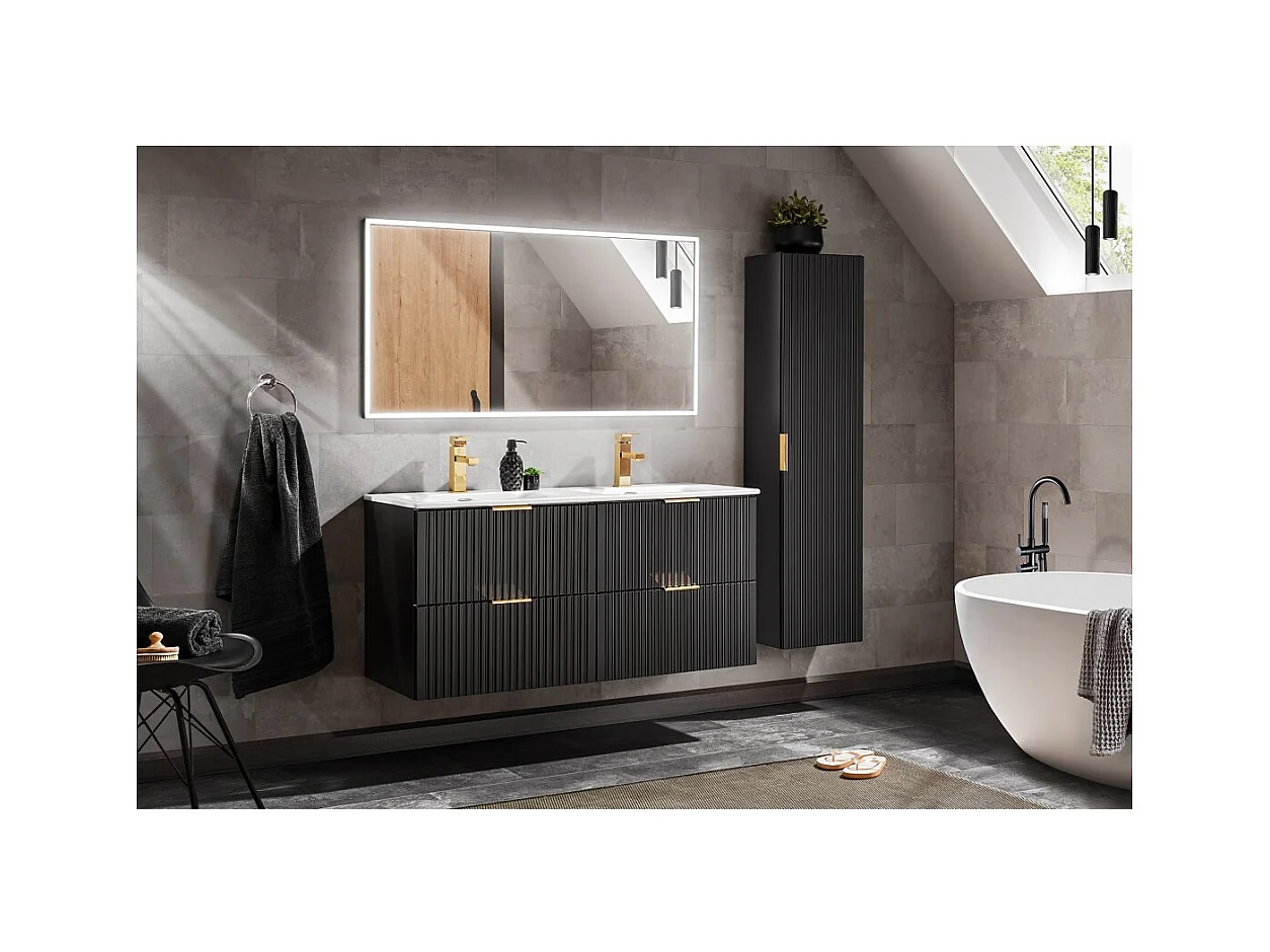 Columna de baño NOXERA – 1 puerta – Negro mate – Diseño ranurado y asas personalizables